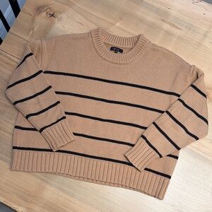 Quince Camel Crewneck Sweater with Black Stripes